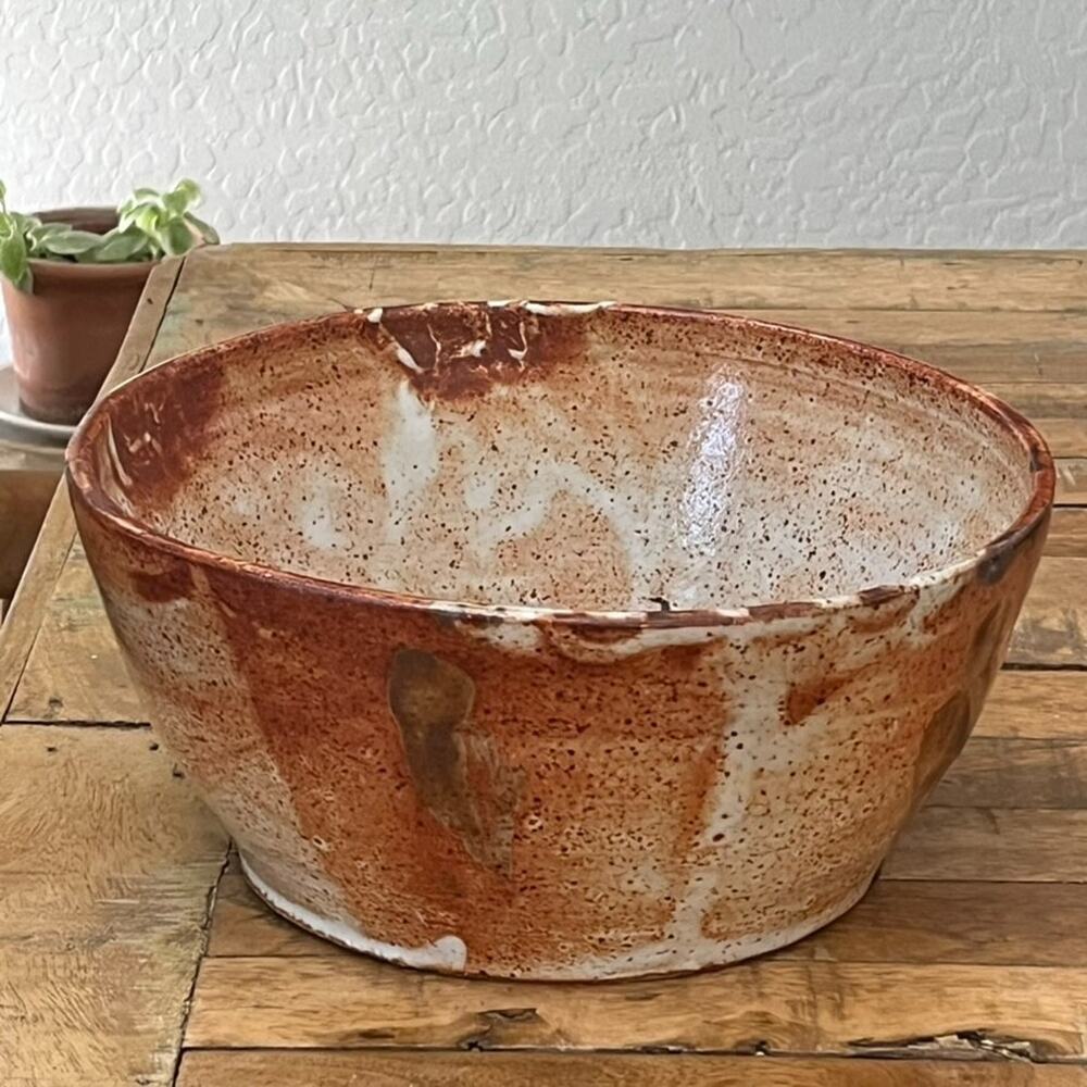 Vintage Handmade Studio Art Pottery Ceramic Bowl 10.25" Rustic Distressed Glaze